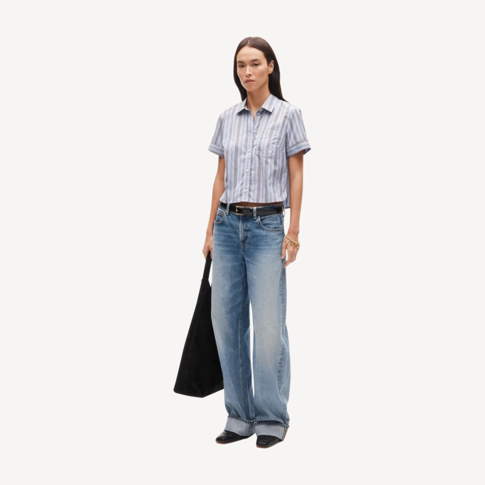 Button-up short-sleeve shirt in striped poplin