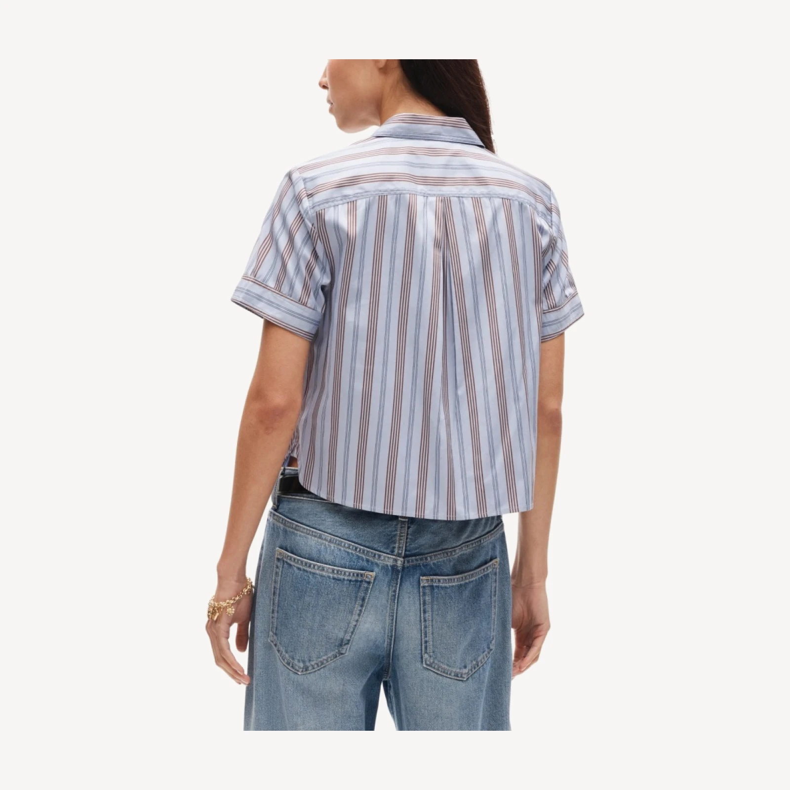 Button-up short-sleeve shirt in striped poplin