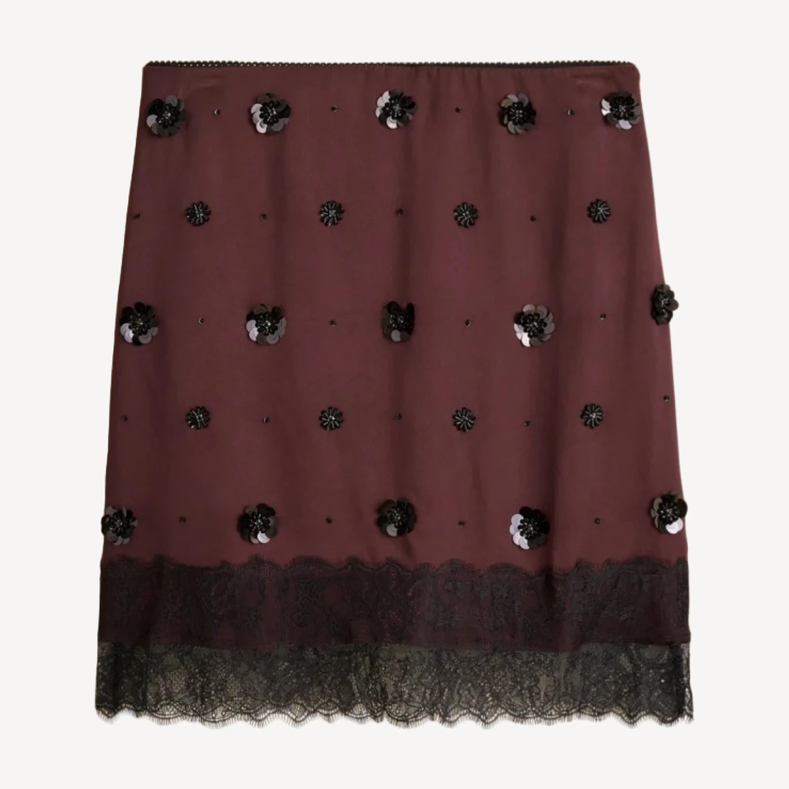 Collection embellished lace-trim mini skirt in luster charmeuse