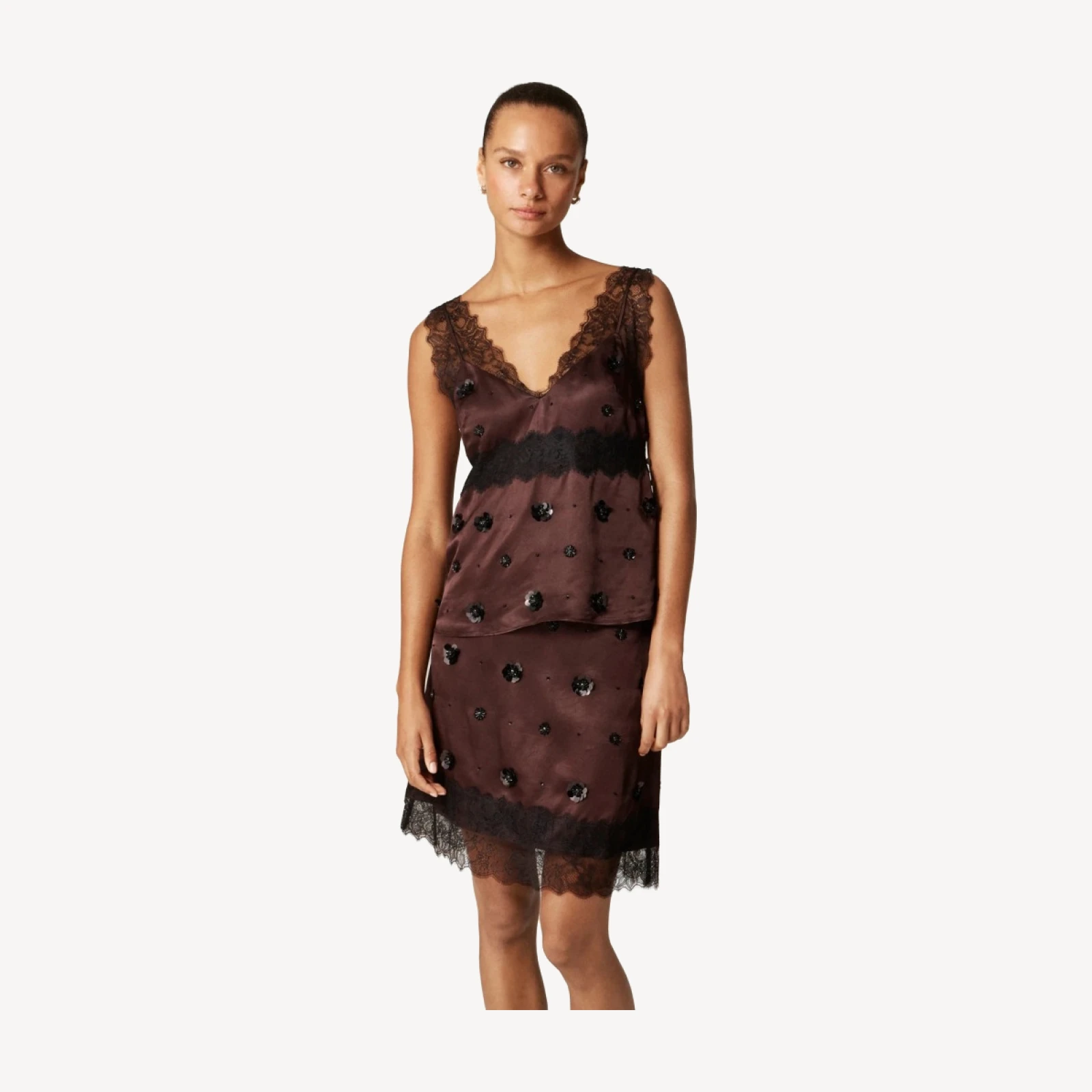 Collection embellished lace-trim mini skirt in luster charmeuse
