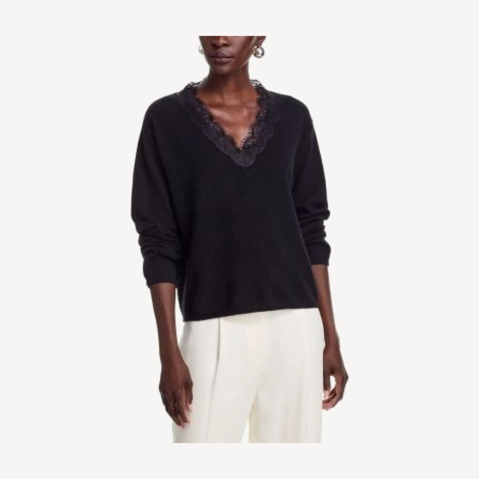 C by Bloomingdale's Cashmere Drop Shoulder Lace Trim V Neck Cashmere Sweater, Exclusive