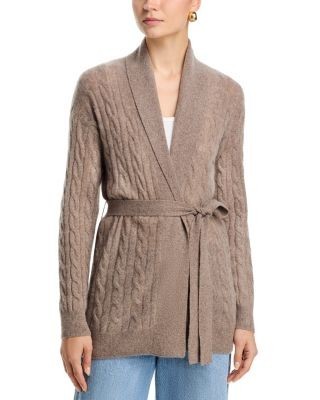 C by Bloomingdale's Cashmere Tie Waist Cable Open Front Cashmere Cardigan - Exclusive