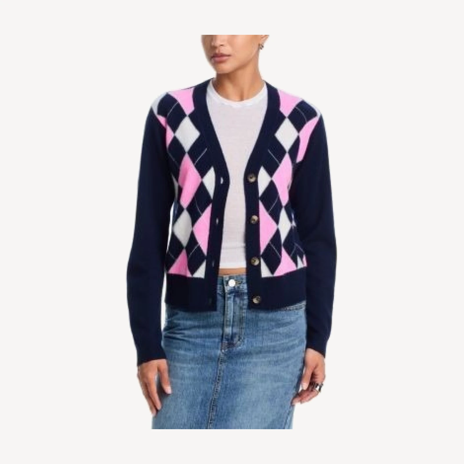 Aqua Cashmere Argyle V Neck Cardigan - Exclusive