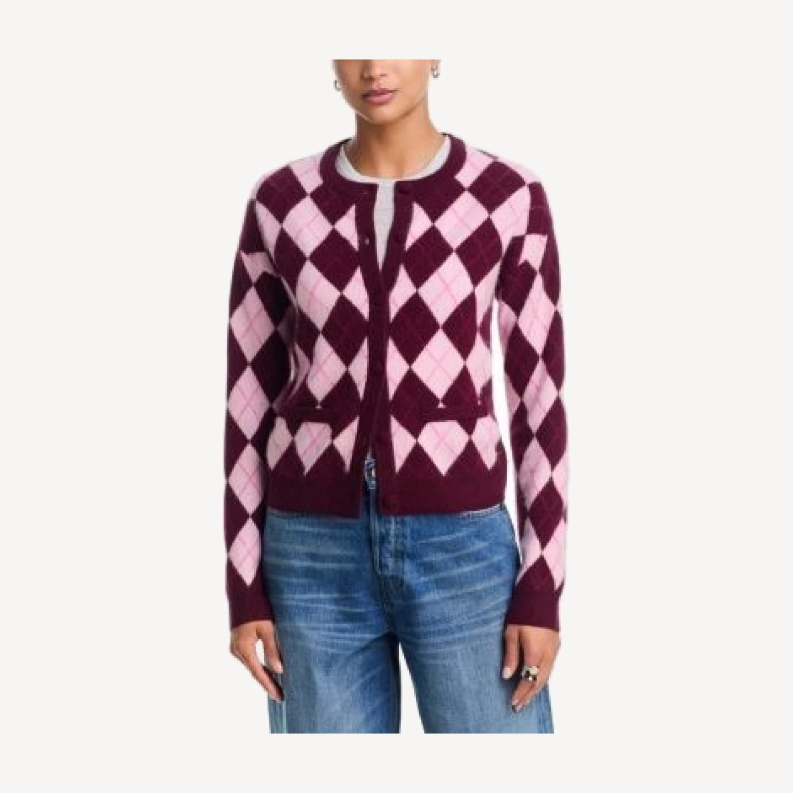 Aqua Cashmere Brushed Argyle Cardigan - Exclusive
