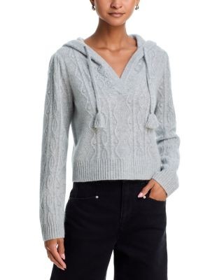 Aqua Cashmere 100% Cashmere V Neck Cable Knit Hoodie Sweater - Exclusive