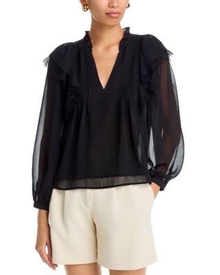 Aqua Lace Trim Split Neck Blouse - Exclusive