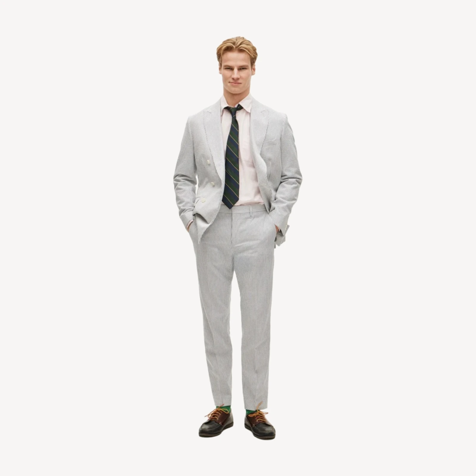 Ludlow Slim-fit double-breasted suit jacket in cotton seersucker
