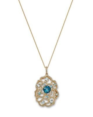 Bloomingdale's Fine Collection Blue Topaz & Diamond Rose Silhouette Pendant Necklace in 14K Yellow Gold, 18