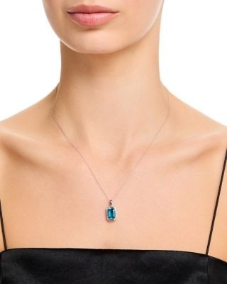 Bloomingdale's Fine Collection London Blue Topaz & Diamond Halo Pendant Necklace in 14K White Gold, 18
