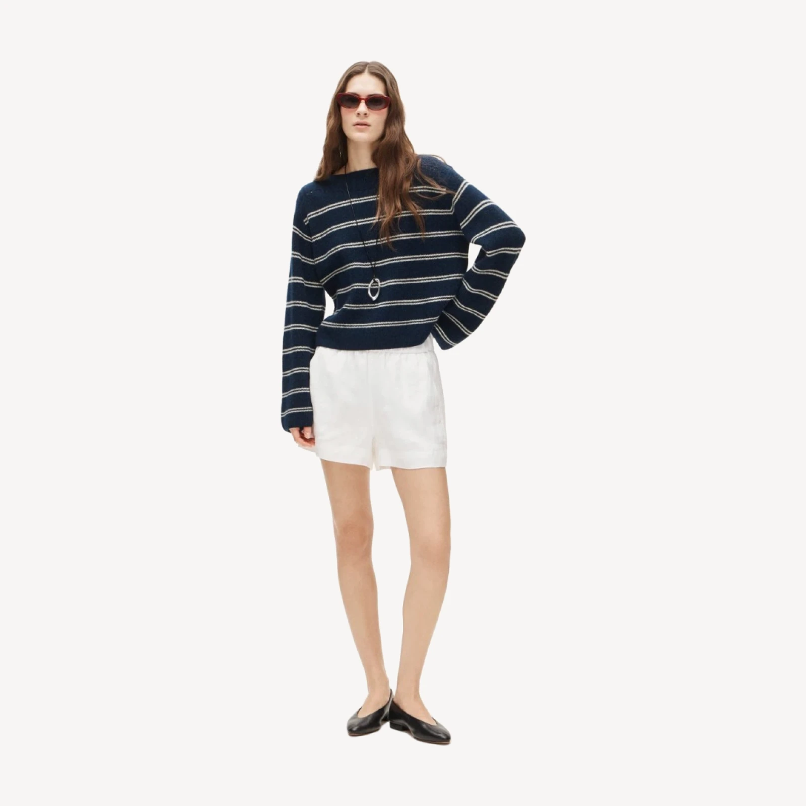 Cashmere wide-sleeve sweater in mariner stripe