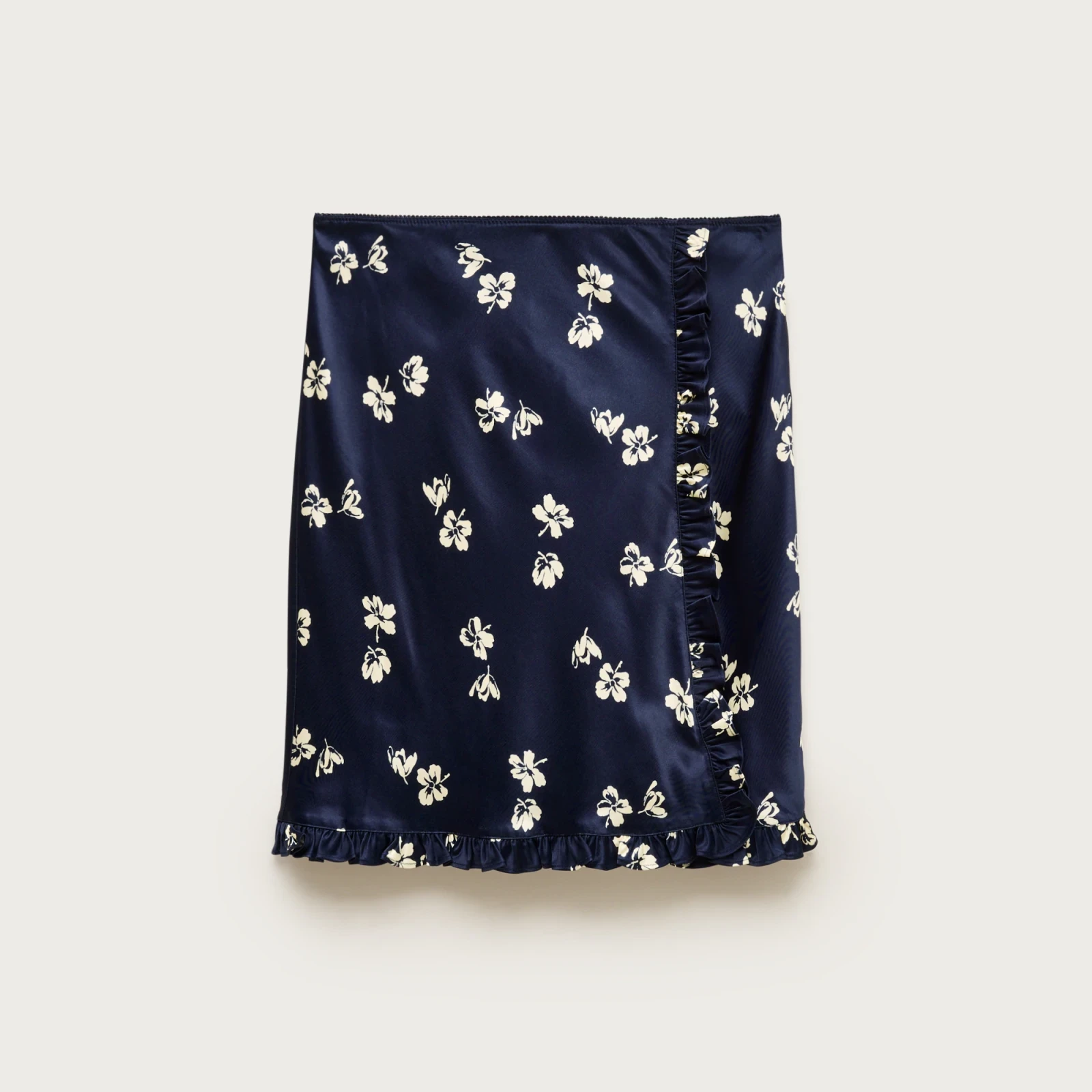 Side-ruffle slip skirt in viscose charmeuse floral