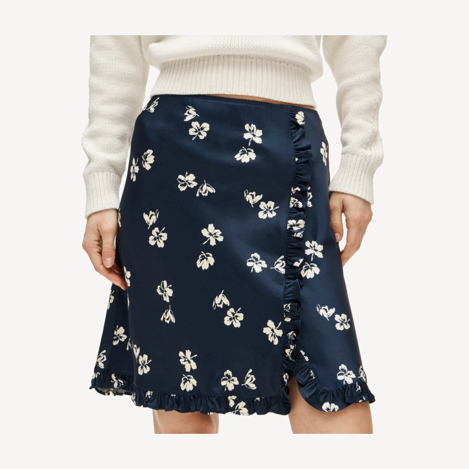 Side-ruffle slip skirt in viscose charmeuse floral