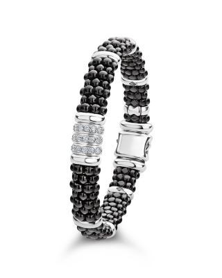 Lagos Sterling Silver Black Caviar Collection Pave Diamond & Black Ceramic Station Bracelet