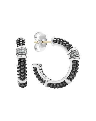 Lagos Sterling Silver & Ceramic Black Caviar Hoop Earrings with Diamonds