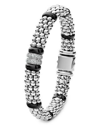 Lagos Sterling Silver & Ceramic Caviar Beaded Diamond Station Bracelet