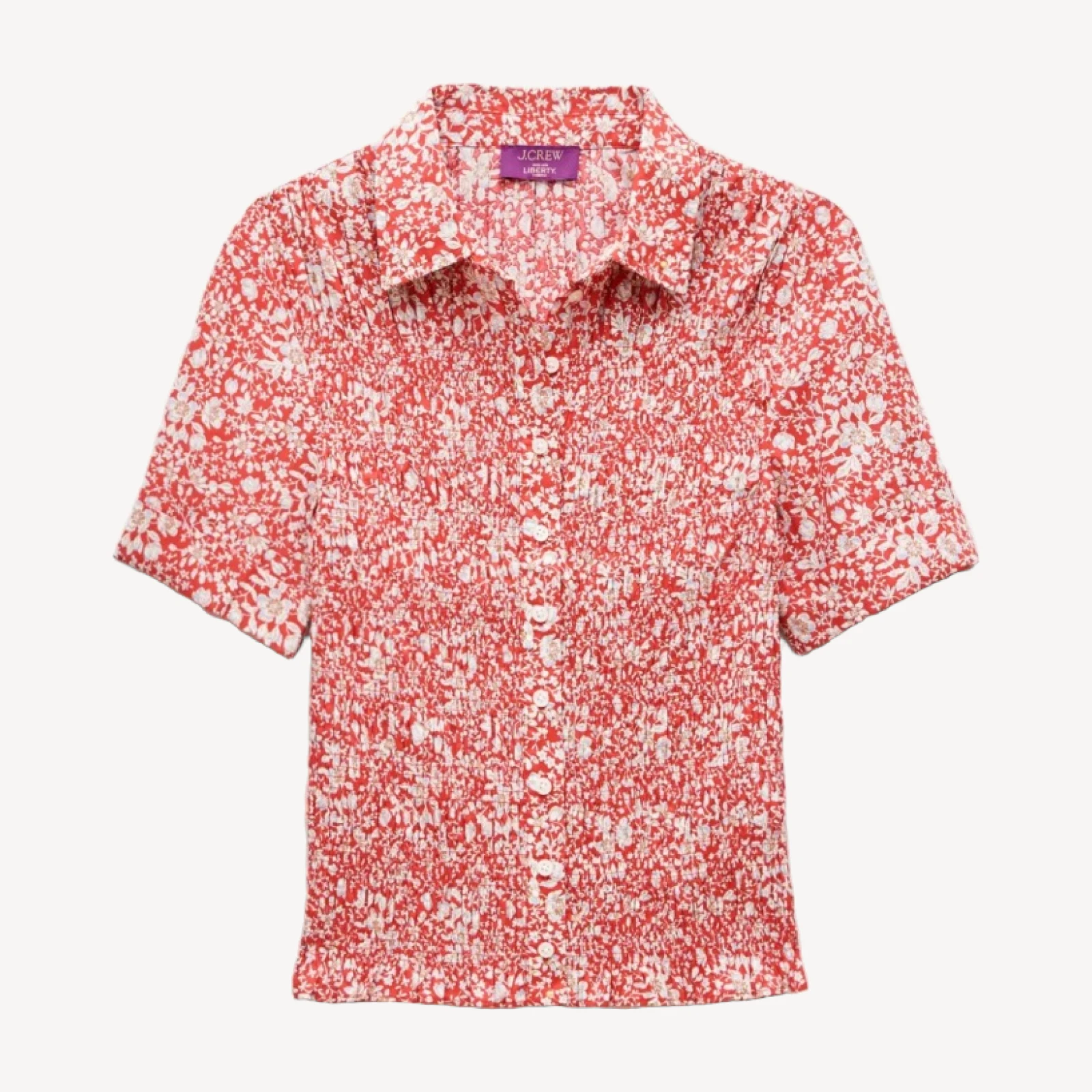 Smocked button-up short-sleeve shirt in floral print
