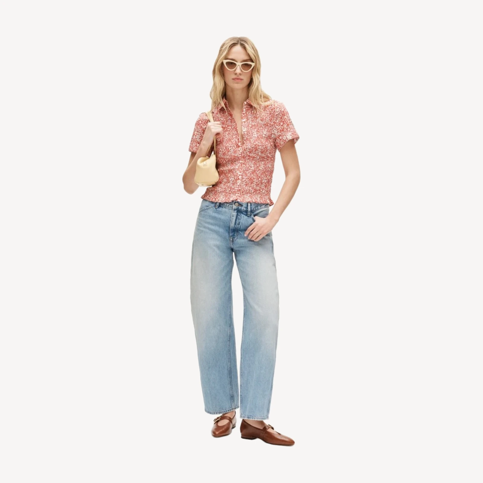 Smocked button-up short-sleeve shirt in floral print