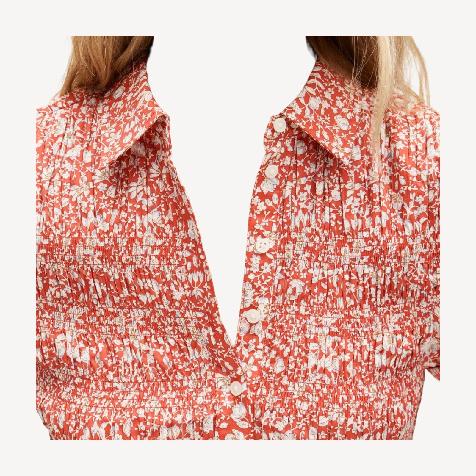 Smocked button-up short-sleeve shirt in floral print