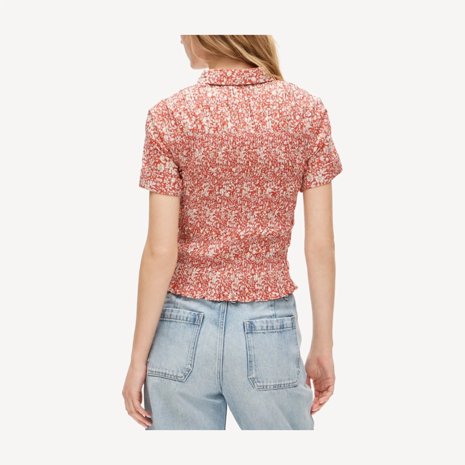 Smocked button-up short-sleeve shirt in floral print