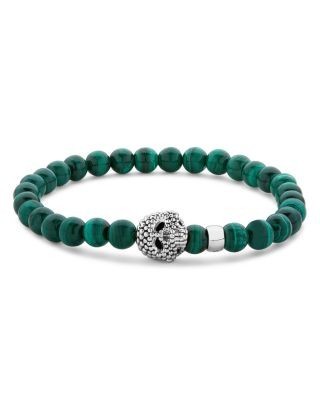Lagos Men's Sterling Silver Anthem Malachite Bead Skull Stretch Bracelet - Exclusive