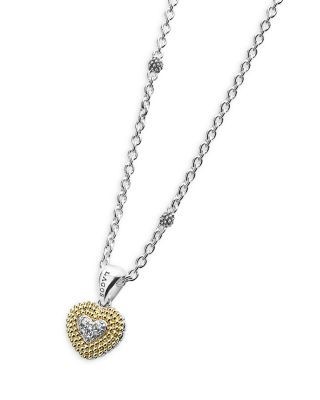 Lagos 18K Yellow Gold & Sterling Silver Caviar Lux Diamond Heart Pendant Necklace, 16