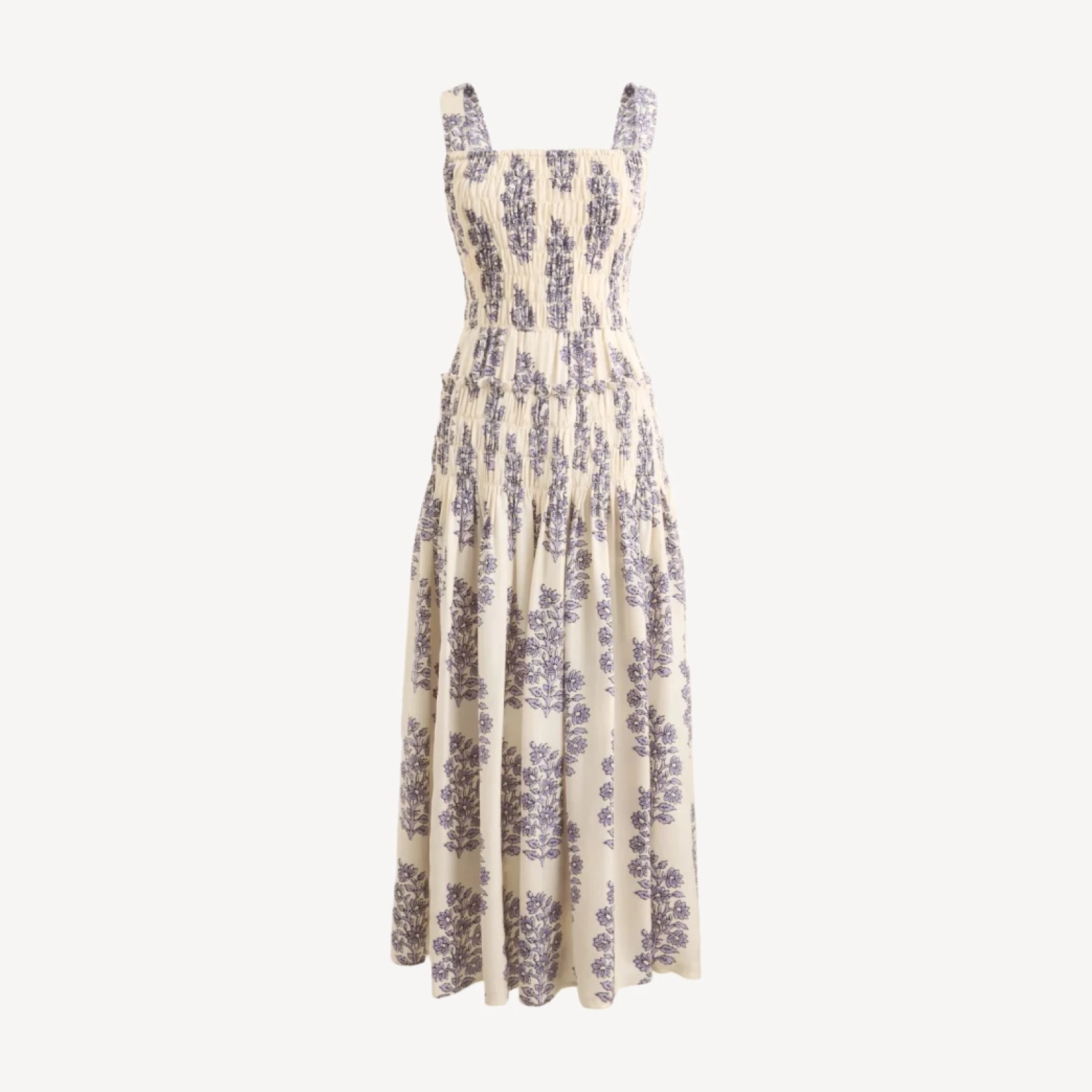 Smocked-bodice midi dress in blooming lilac block print