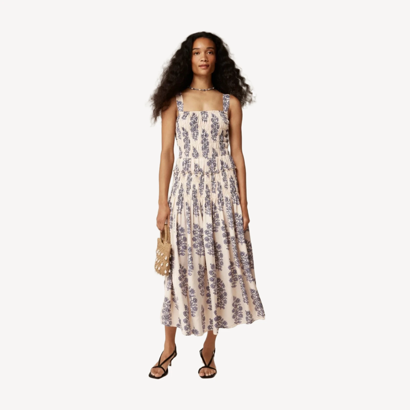 Smocked-bodice midi dress in blooming lilac block print