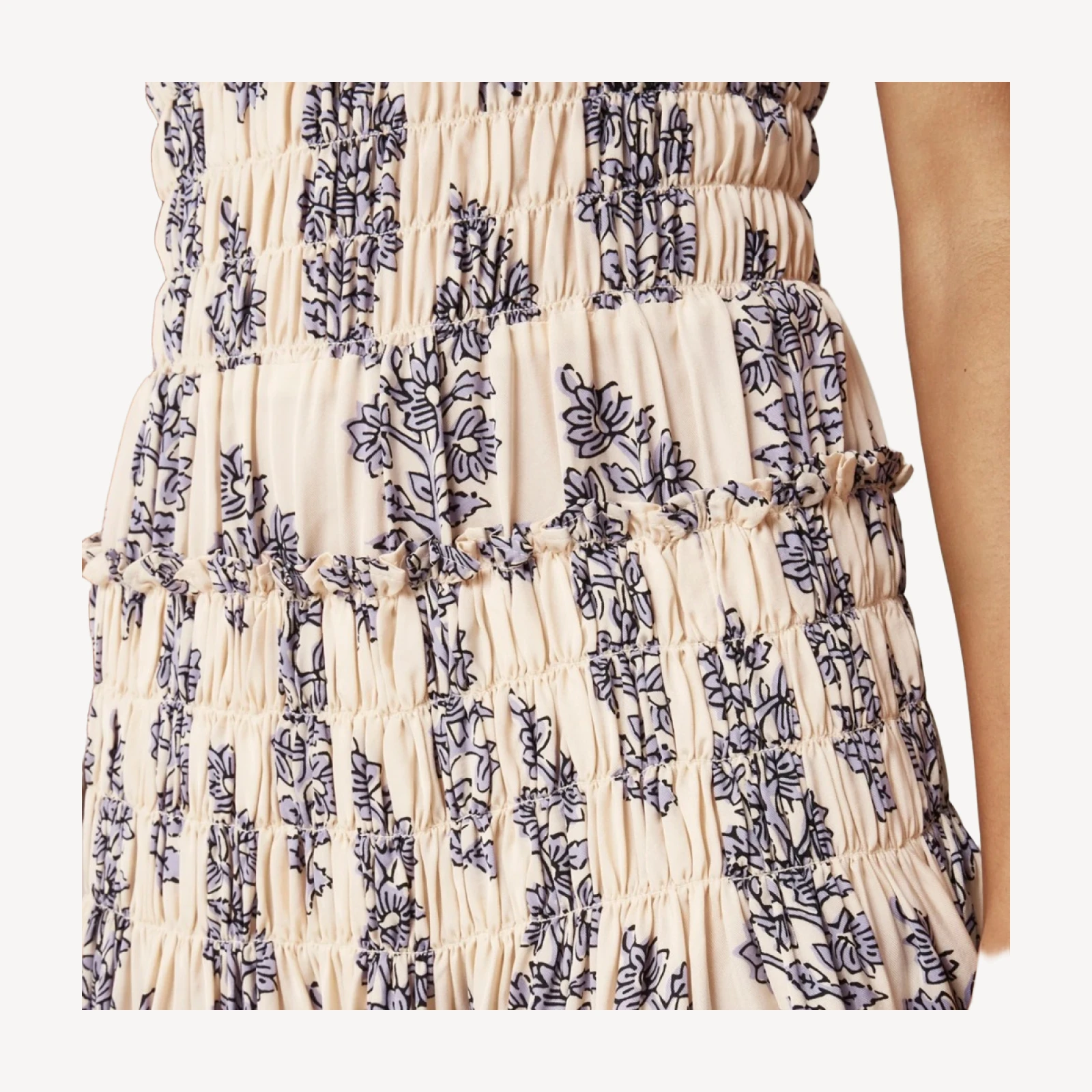 Smocked-bodice midi dress in blooming lilac block print