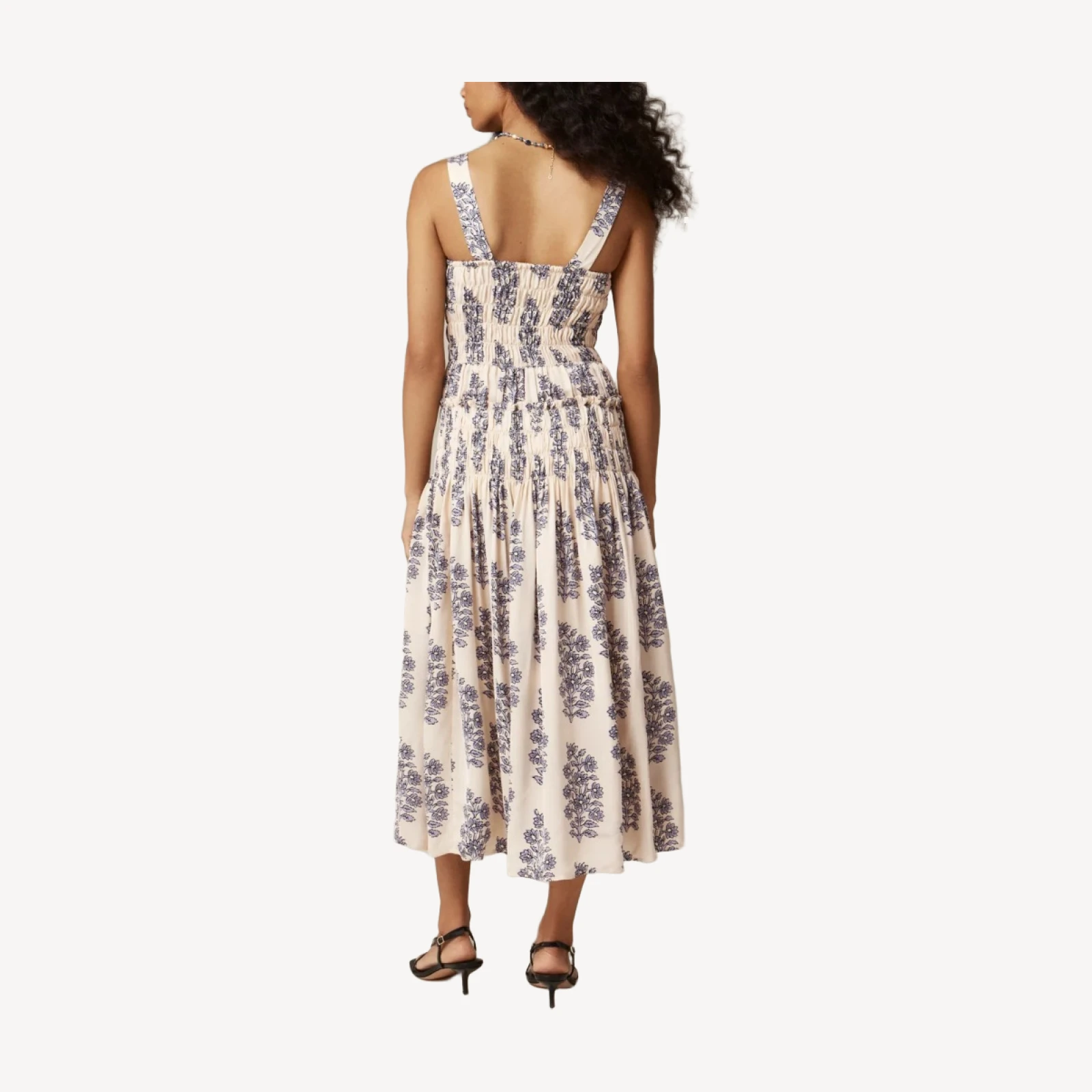 Smocked-bodice midi dress in blooming lilac block print