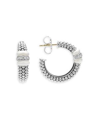 Lagos Ceramic & Sterling Silver White Caviar Diamond Hoop Earrings