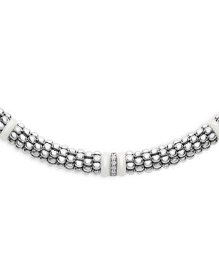 Lagos Ceramic & Sterling Silver White Caviar Diamond Station Necklace, 18