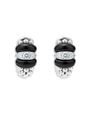 Lagos Sterling Silver Black Caviar Ceramic & Diamond Bead Huggie Hoop Earrings