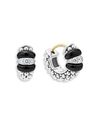 Lagos Sterling Silver Black Caviar Ceramic & Diamond Bead Huggie Hoop Earrings
