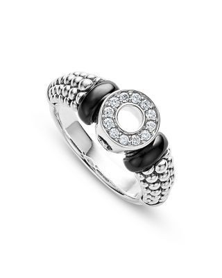 Lagos Sterling Silver Black Caviar Ceramic & Diamond Circle Bead Ring