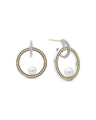 Lagos 18K Yellow Gold & Sterling Silver Luna Cultured Freshwater Pearl Interlocking Drop Hoop Earrings