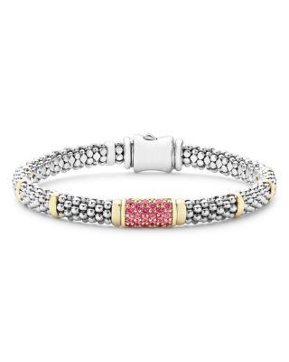 Lagos Sterling Silver & 18K Gold Signature Caviar Pink Sapphire Station Bracelet