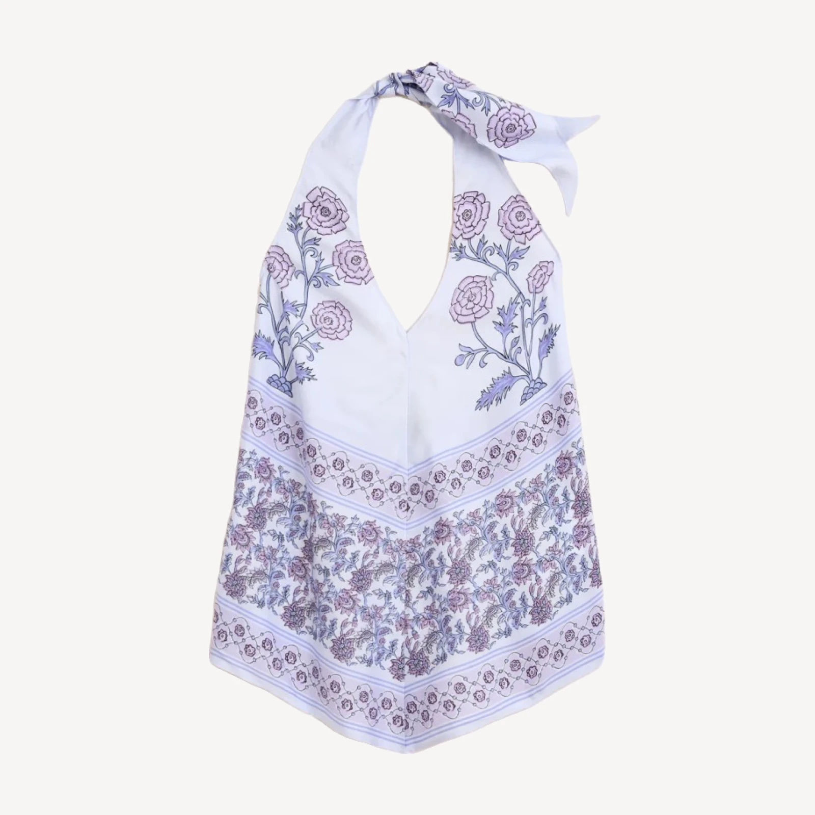 Open-back halter top in dusty periwinkle block print