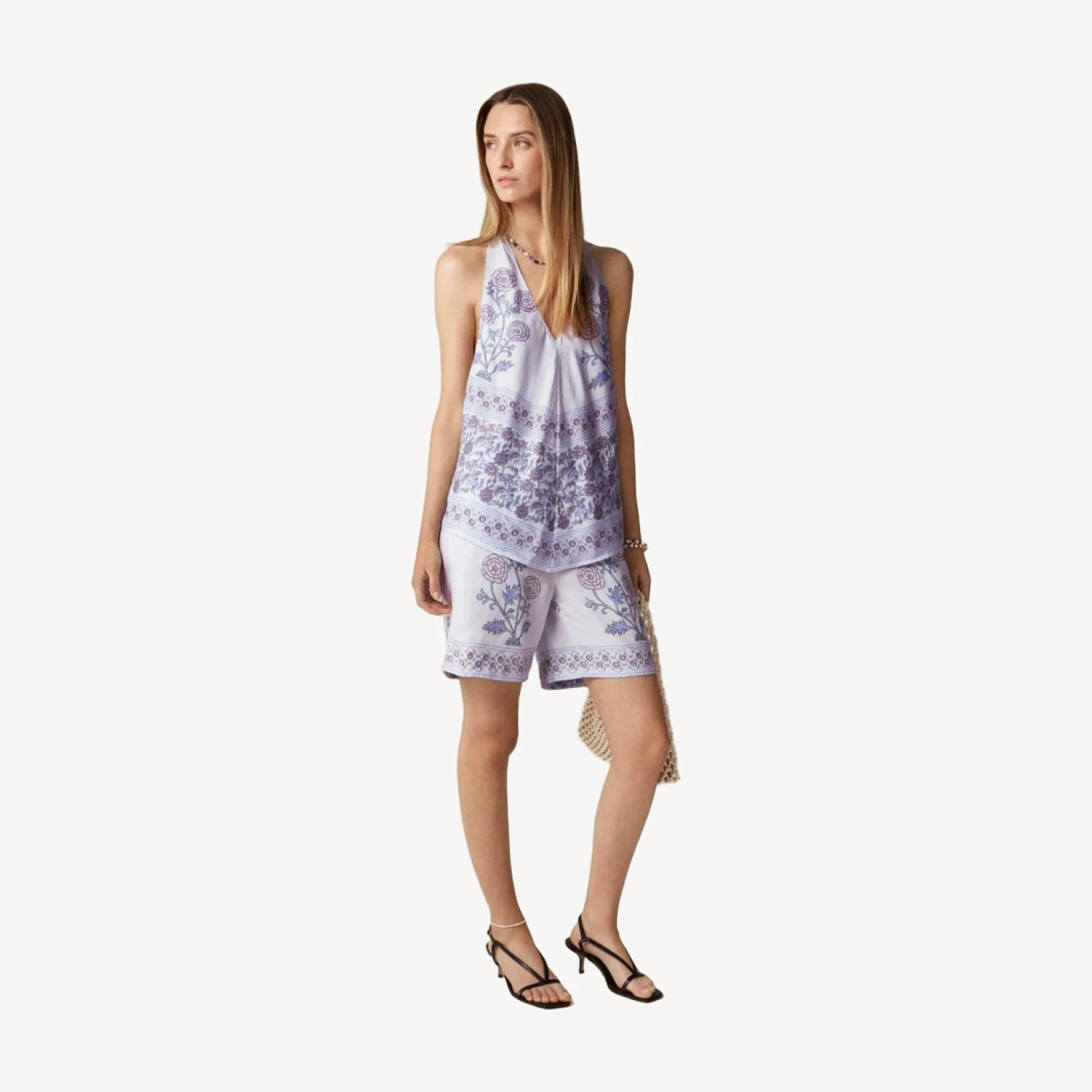 Open-back halter top in dusty periwinkle block print