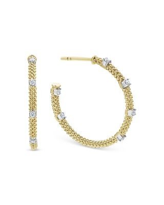 Lagos 18K White & Yellow Gold Caviar Diamond Hoop Earrings