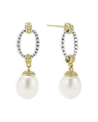 Lagos 18k Gold & Sterling Silver Two Tone Cultured Pearl Oval Drop Earrings