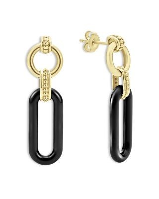 Lagos 18K Yellow Gold Black Caviar Ceramic Link Drop Earrings