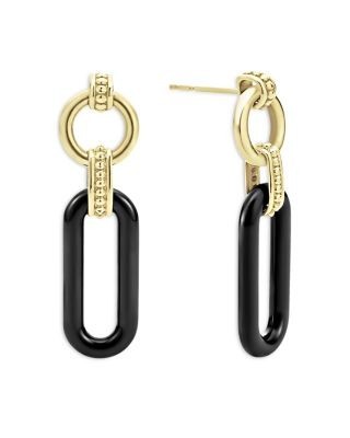 Lagos 18K Yellow Gold Black Caviar Ceramic Link Drop Earrings