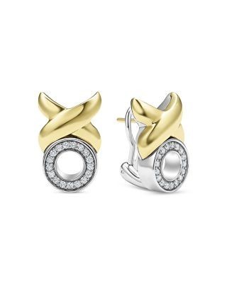 Lagos 18K Yellow Gold & Sterling Silver Embrace Diamond Xo Omega Earrings