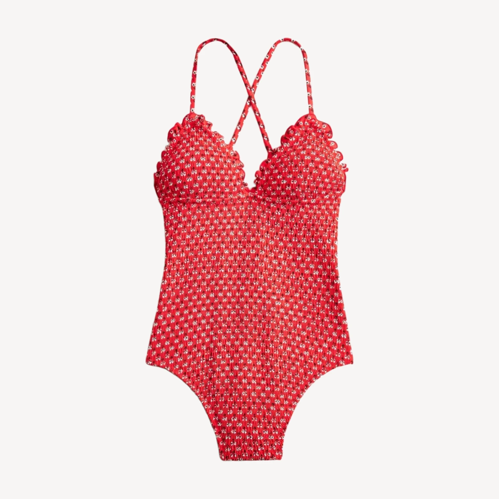 Long-torso smocked ruffle-trim one-piece