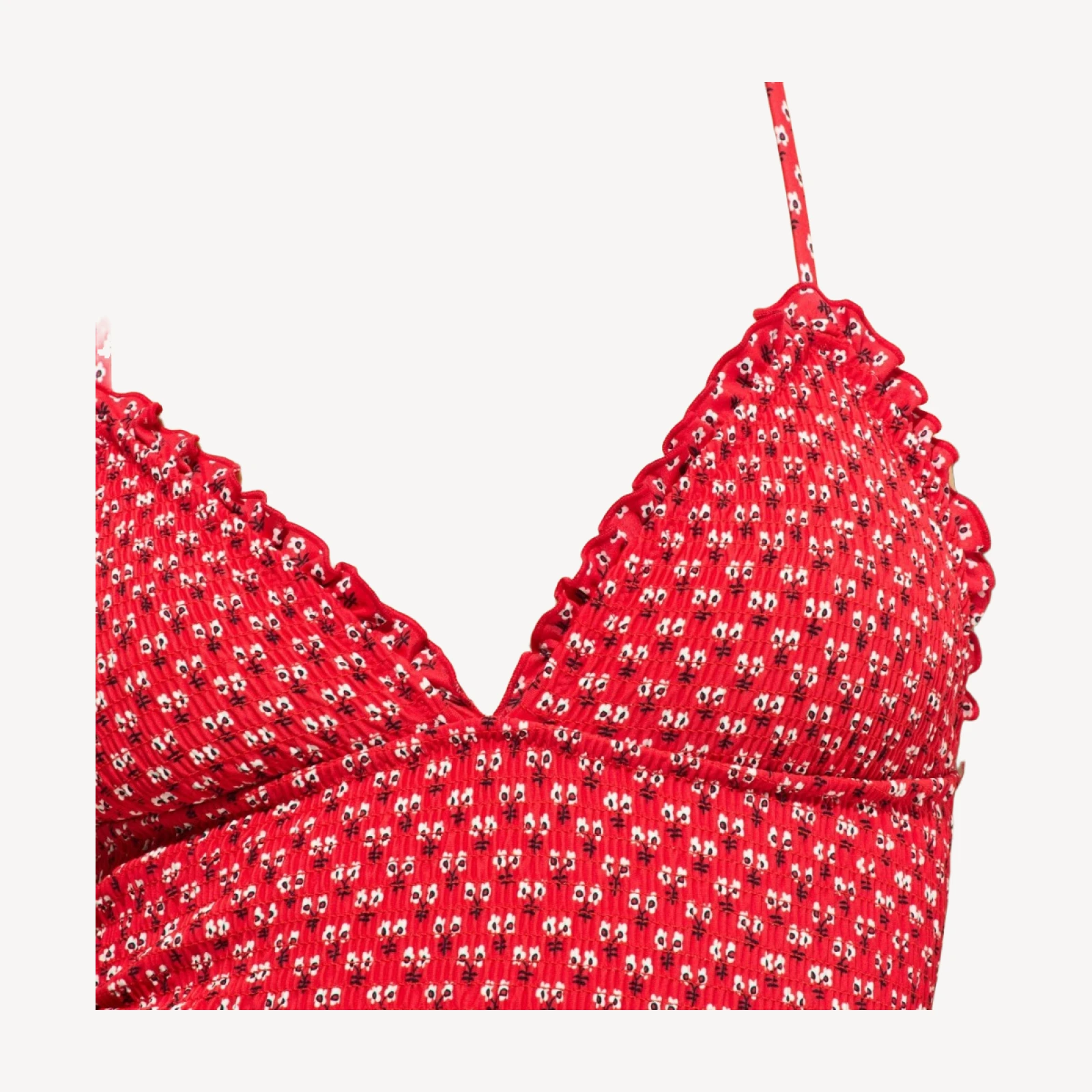 Long-torso smocked ruffle-trim one-piece