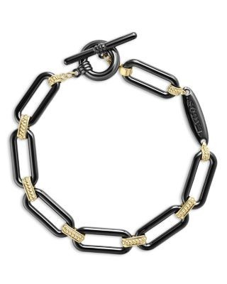 Lagos 18K Yellow Gold Signature Caviar Black Ceramic Link Toggle Bracelet