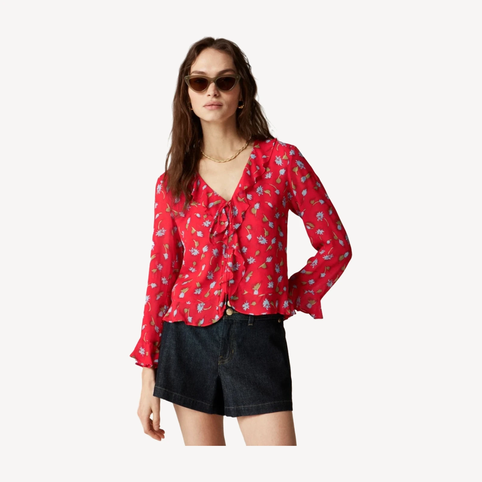 Ruffle tie-front top in chiffon