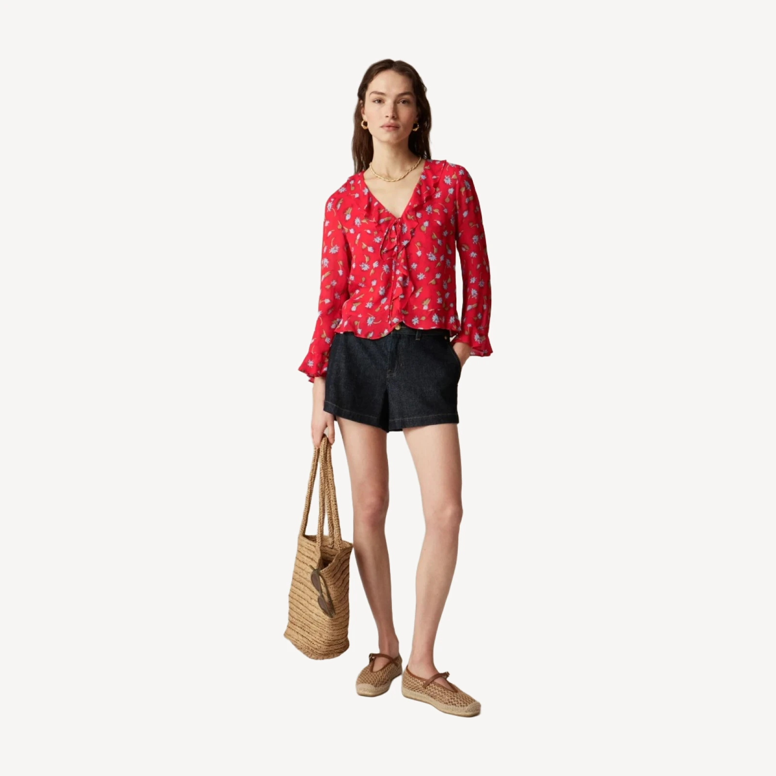 Ruffle tie-front top in chiffon