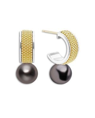 Lagos 18K Yellow Gold & Sterling Silver Luna Black Tahitian Pearl Half Hoop Earrings