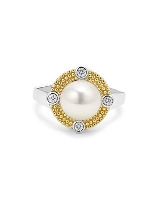 Lagos 18K Yellow Gold & Sterling Silver Luna Cultured Freshwater Pearl & Diamond Halo Ring